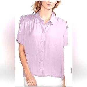 Vince Camuto Crinkle Shoulder Drawstring ButtonDown Blouse Pale Pink Size Large